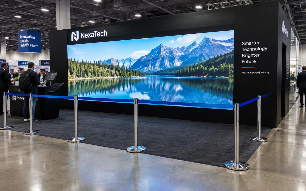 Trade show booth with a wide LED video wall behind silver stanchion posts with blue retractable tape